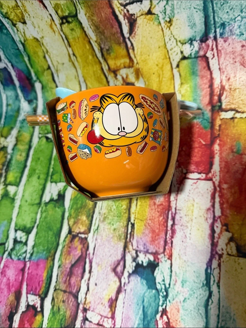 Garfield Ceramic Bowl & Spoon Set - Orange Bowl with Light Blue Spoon